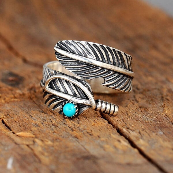 🎁Sterling Silver Feather Turquoise Adjustable Ring
