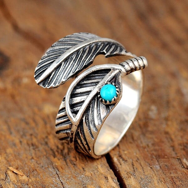 🎁Sterling Silver Feather Turquoise Adjustable Ring