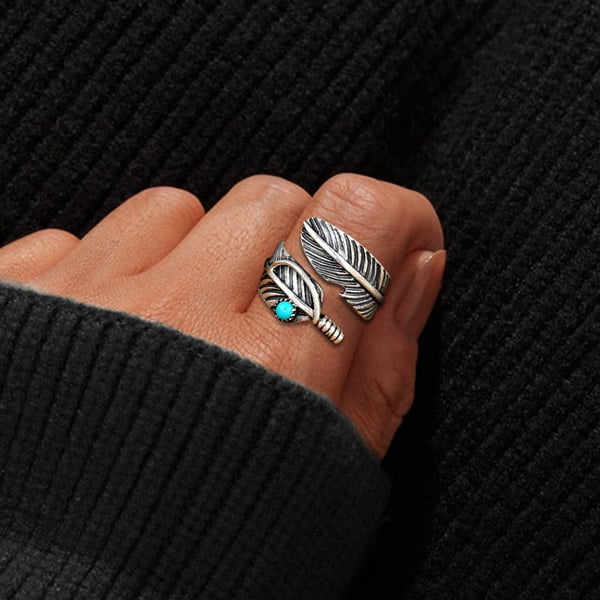 🎁Sterling Silver Feather Turquoise Adjustable Ring