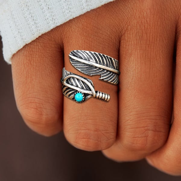 🎁Sterling Silver Feather Turquoise Adjustable Ring