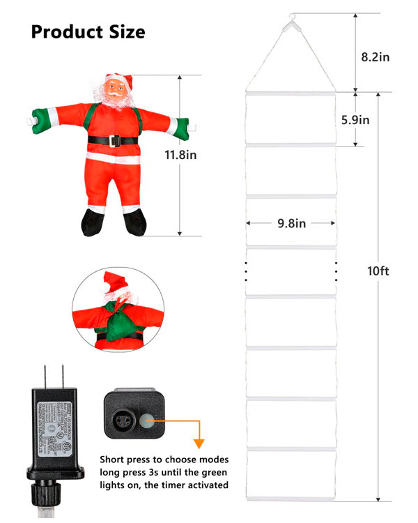 10FT LED Santa Claus Climbing Ladder Lights – USB Powered Christmas Outdoor & Indoor Decoration (338 LEDs, 8 Modes) VNP
