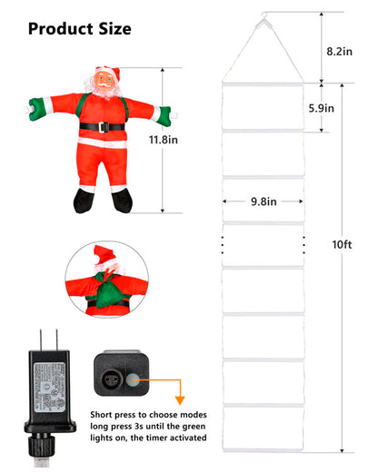 10FT LED Santa Claus Climbing Ladder Lights – USB Powered Christmas Outdoor &amp; Indoor Decoration (338 LEDs, 8 Modes) VNP