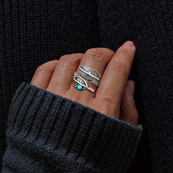 🎁Sterling Silver Feather Turquoise Adjustable Ring