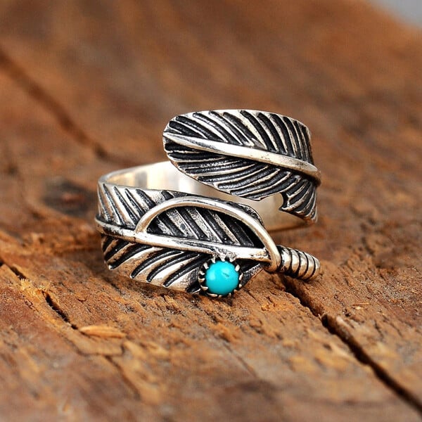 🎁Sterling Silver Feather Turquoise Adjustable Ring