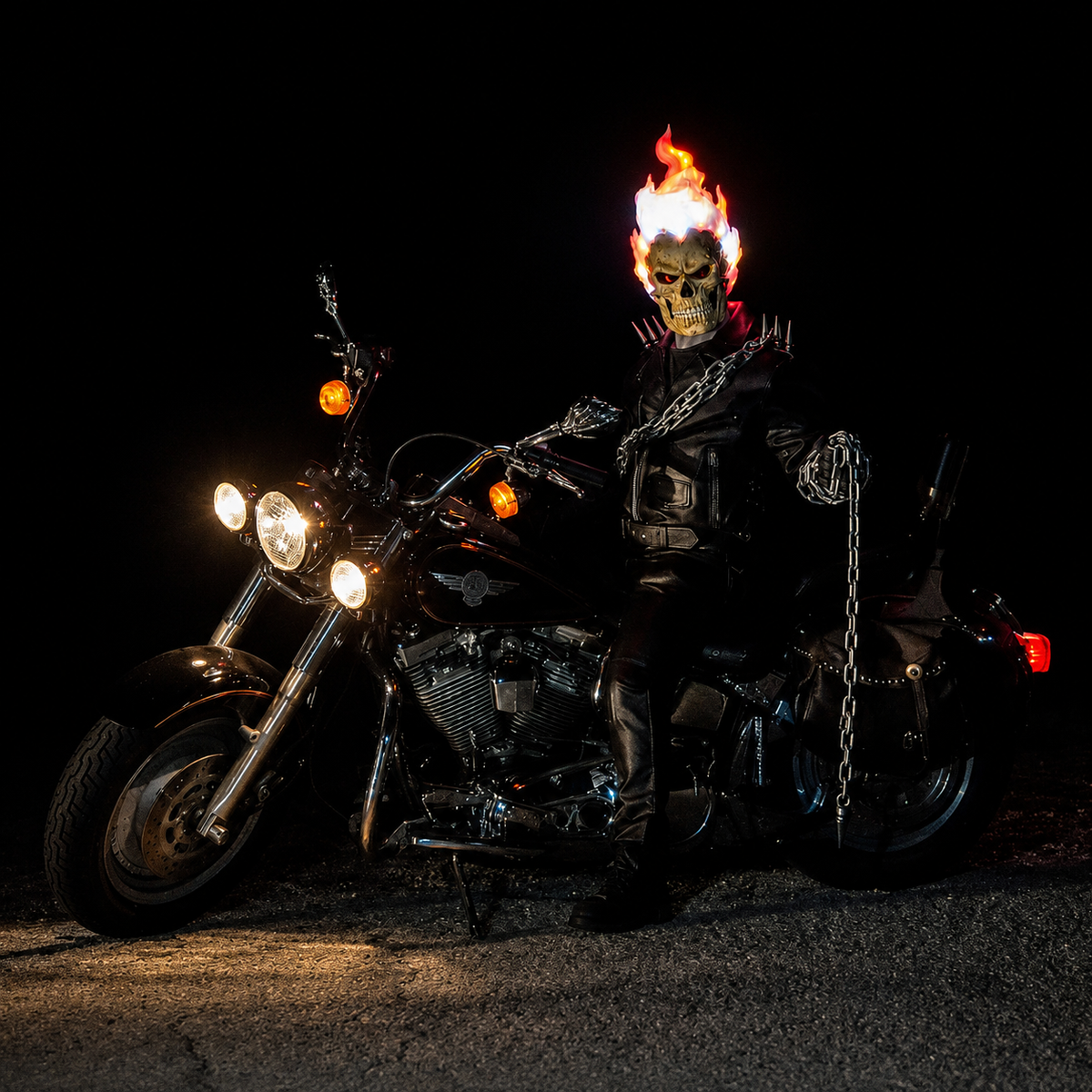 Skull mask with hair made of fire and night-vision eyes.