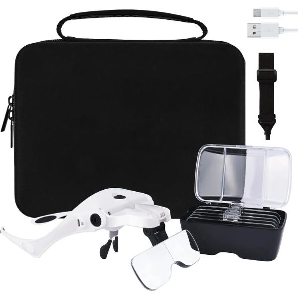 Rechargeable magnifying glass with AI and LED light, 5 interchangeable lenses from 1X to 3.5X, hands-free magnifying glass for reading, crafts and repairs.