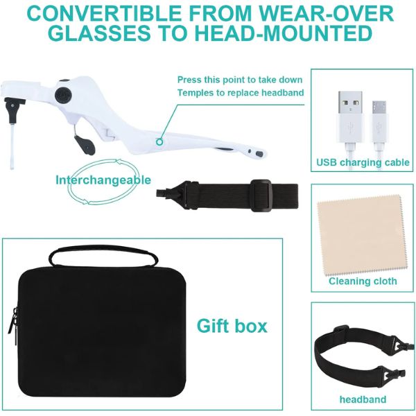 Rechargeable magnifying glass with AI and LED light, 5 interchangeable lenses from 1X to 3.5X, hands-free magnifying glass for reading, crafts and repairs.
