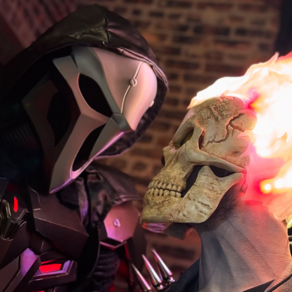 Skull mask with hair made of fire and night-vision eyes.