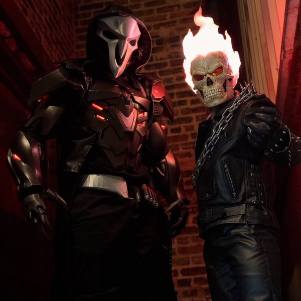 Skull mask with hair made of fire and night-vision eyes.