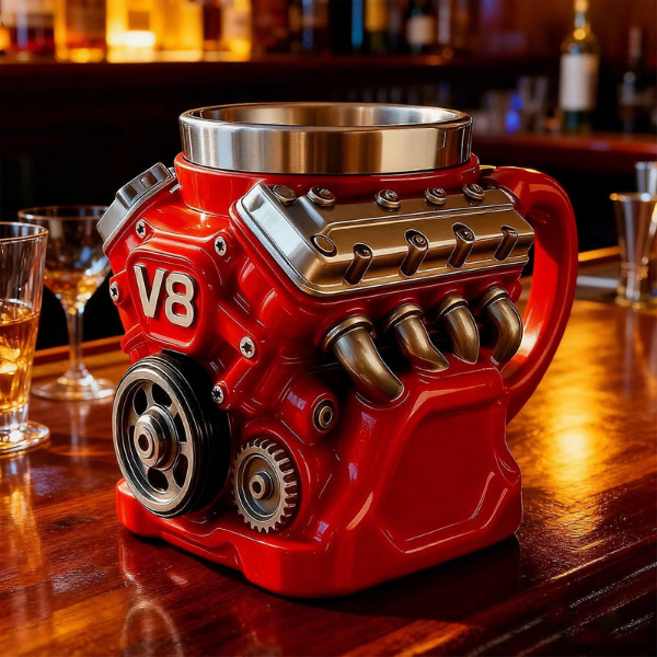 Retro Coffee Mug With Realistic V8 Engine