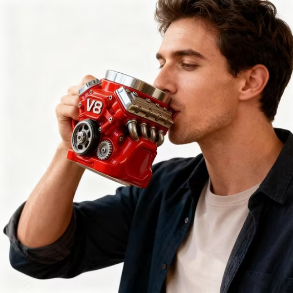 Retro Coffee Mug With Realistic V8 Engine
