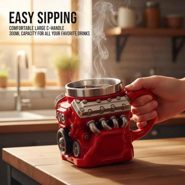 Retro Coffee Mug With Realistic V8 Engine