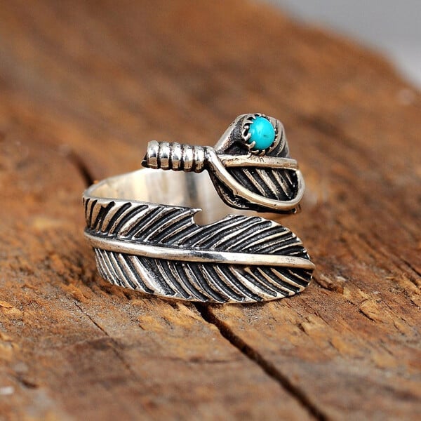 🎁Sterling Silver Feather Turquoise Adjustable Ring